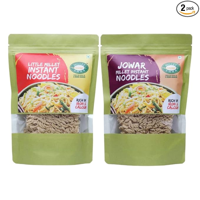 Millet Amma Little Millet Instant + Jowar Millet Noodles Combo - 350 Gms, Pack of 2 - Each 175 Gms, Easy & Ready to Cook, Zero Maida & Vegan, Best Choice for Instant Breakfast & Dinner