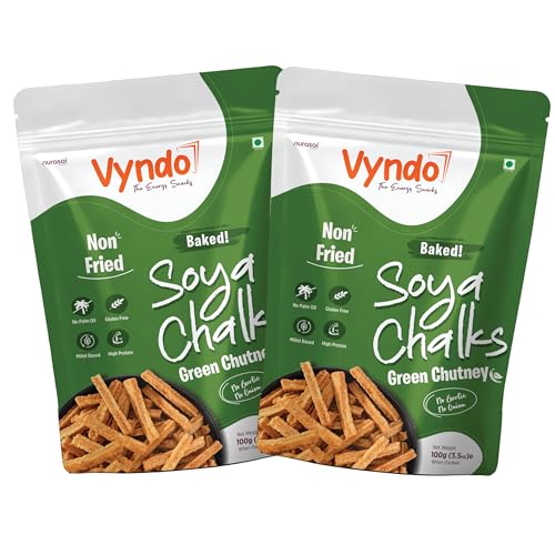 Vyndo Green Chutney Soya Chalks (Soya sticks) | Millet-Based, Protein Rich, Gluten-Free, Non-Fried, No Palm Oil | Healthy Crunchy Energy Snacks for Adults & Kids – 2 x 100g Packs.