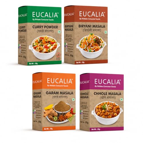 EUCALIA SATTVIK (No Onion No Garlic) Masala Range | Curry Powder (Sabji Masala), Biryani Masala, Garam Masala & Chhole Masala Combo (50g Each)| No Preservatives, No Added Colours, No Artificial Flavours
