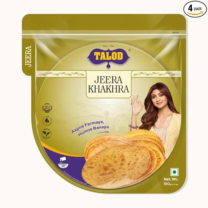 Talod Jeera Khakhra - Pack of 4 X 180 gm | Crispy Roasted Whole Wheat Snack | Cumin Flavoured Khakhra | No Onion No Garlic Ready To Eat | Healthy and Diet-Friendly Indian Tea Time Treat Gujrati Snacks
