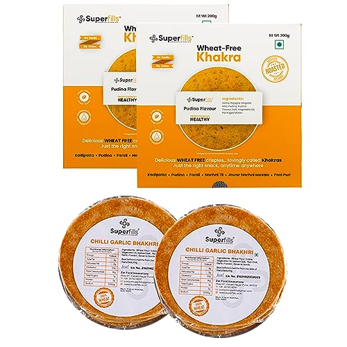 Superfills Combo Wheat-Free (Gluten Free) Pudina Khakhra | Chili Garlic Bhakhri Diet, Weight Loss, High Protein & Fiber - | Roasted Gujarati Snacks No Garlic & No Onion Chai Time (Pack of 2, 400g)