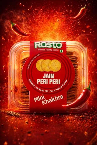Rosto Jain Peri Peri Mini Khakhra (no onion no garlic), Roasted, No Palm Oil, No Artificial Colour, No Onion No Garlic, 200 g pack of 2 total 400g
