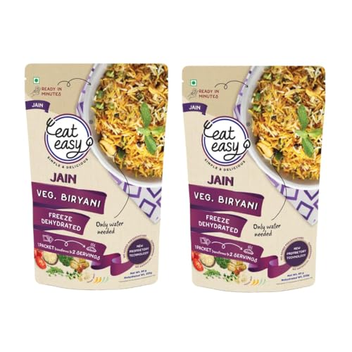 Eat Easy Ready To Eat Jain Veg Biryani- 95gm (Pack of 2) | Freeze Dehydrated, No Moisture, Lightweight, Instant Spiced Vegetable Rice with Cow Ghee & Paneer | No Onion, No Garlic, Just Add Water & Cook Food for Quick Lunch, Dinner