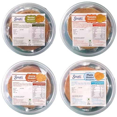 Svasti Dry Methi, Masala, Jeera, Plain Bhakhri Snacks - 200 gms (Pack Of 4) | Roasted Healthy Gujarati Snacks | No Maida | No Artificial Colours | No Onion & No Garlic | Vacuum Packed