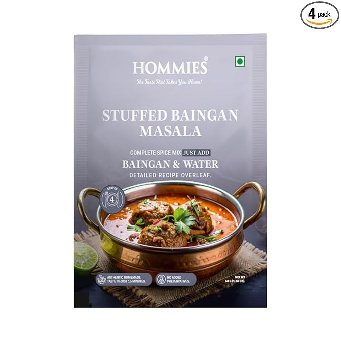 Hommies Stuffed Baingan Bharta Masala Spice Mix | Ready to Cook in 15 Mins | Just Add Eggplant & Water | Serves 4 | Authentic Curry Masala with Groundnut | No Preservatives | Pack of 4 (200g, 50g Each)