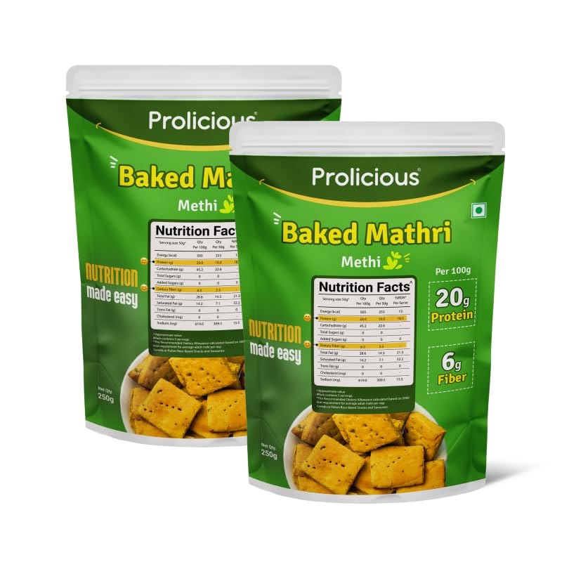 Prolicious Baked Mathri | 10g Protein, High Fiber | Healthy Weightloss Snack | No Palm Oil, No Transfat | Made with Whole Foods | 500g (2 X 250g each)