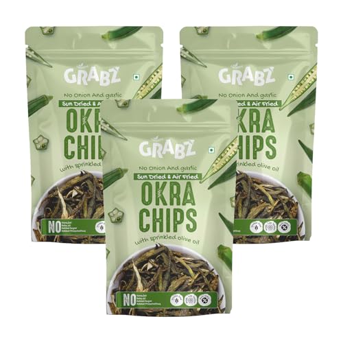 GRABZ Crispy Jain Bhindi Okra Chips without Onion ,Garlic | Air-Cooked, Solar-Dehydrated |No Palm Oil | No Maida | Zero Cholestrol, Gluten Free Vegan Snacks| Low Cholesterol | High Fiber |Olive Oil & Spicy Masala Flavor | 20g Each (Pack of 3)