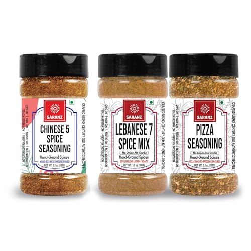 SARANZ Lebanese 7 Spice, Pizza Mix Jain & Chinese 5 Spice Jain Seasoning ( Combo Pack Of 3 ) Batata Harra Masala | Perfect for Snacks, Appetizers, Main Dishes and Flavoured Vegan | Middle East Seasonings | 100 Gm Sprinkler Jar