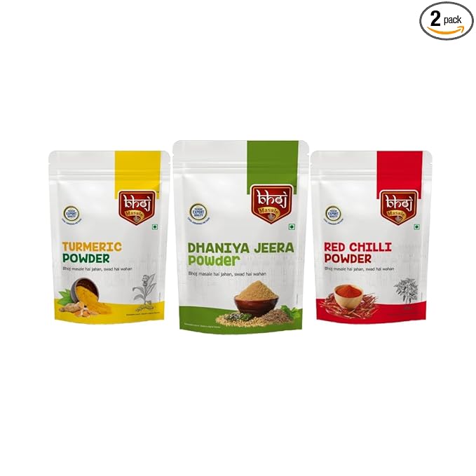 Bhoj Masale Haldi ,Jeera Dhaniya And Red Chili Powder Combo Pack 200GM Each | Aromatic Spice for Flavorful Indian Cooking | For Flavorful Cooking | No Artificial Flavor Added. No Colour, No Preservatives, No Onion & No Garlic (Jain Masala)