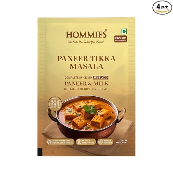 Hommies Dhaba Style Jain Paneer Tikka Masala Curry Spice Mix | No Onion No Garlic | Ready to Cook in 15 Mins | Just Add Paneer & Milk | Authentic Jain Curry Masala | Serves 4 | No Preservatives | Pack of 4 (200g, 50g Each)