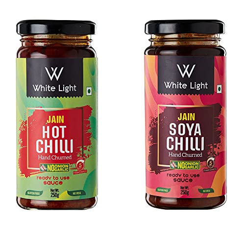 White Light Food Jain Hot Chilli Sauce and Jain Soya Chilli Sauce l Vegan and Natural Ingredients l Ready to Eat Healthy Food (Combo Pack of 2, 250gm Each)