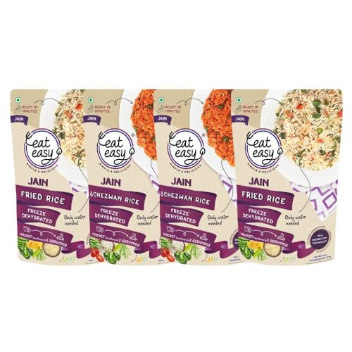 Eat Easy Ready To Eat Jain Rice Combo- Jain Fried Rice & Schezwan Rice (Pack of 2) Each | Just Add Water and Cook | Freeze Dehydrated Instant Rice for Travel, Hostel, Trekking, Camping, Hiking