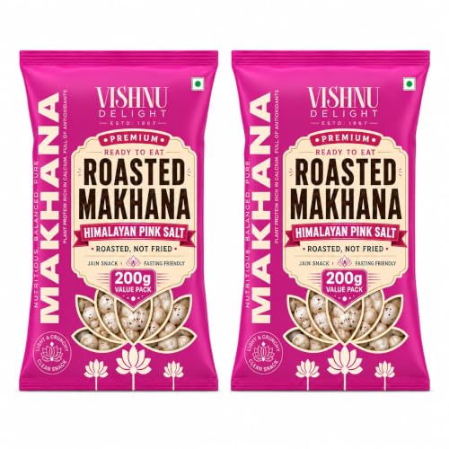 Vishnu Delight Roasted Makhana, Himalayan Pink Salt | Light & Crunchy Roasted Foxnuts (Phool Makhana) | Roasted Not Fried, Jain Friendly, Ready To Eat Snack | 200gm each (Pack of 2)