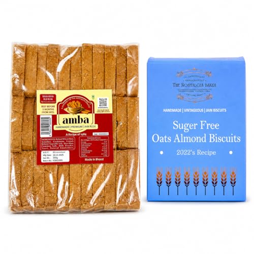 Amba Handmade Premium Jain Suji Rusk & Sugar Free Oats Almond Biscuits Combo Pack | Crispy Tea Time Snacks | Traditional Bakery Style | Healthy Everyday Snacking | 100% Vegetarian