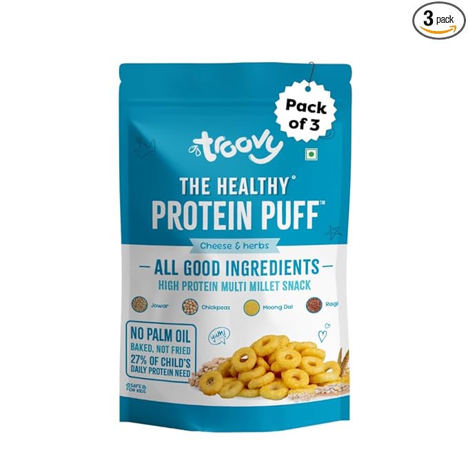 Troovy Healthy High Protein Puffs | Cheese & Herbs Flavoured | No Palm Oil, Cholesterol or Trans Fats | Made with Multiple Millets, Grains and Dal (80g (Pack of 3))