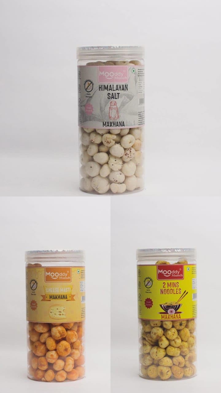 MOODDY MUNCH (Noodles, Cheese Masti, Himalayan Salt) Combo of Roasted Makhana Fox Nuts Lotus Seeds | Jain Flavour| Healthy Snacks | Zero Trans Fat | Zero cholesterol | (Pack of 3, Total 210 gm)