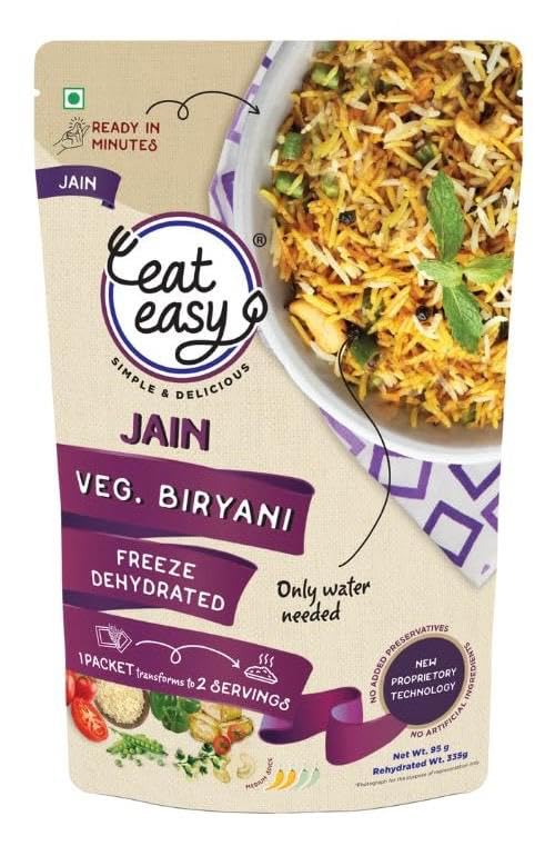 Eat Easy Ready To Eat Jain Veg Biryani- 95gm | Instant Food | Indian Meal, Travel Food | No Preservatives, No Added Artificial Colours & Flavours | Just Add Water and Cook