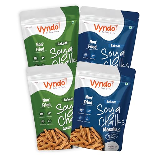 Vyndo No Garlic, No Onion Soya Chalks (Soya Sticks) Combo – 4 x 100g (Masala Pack 2 + Green Chutney Pack 2) | Millet-Based, Gluten-Free Healthy Energy Snacks for Kids & Adults.