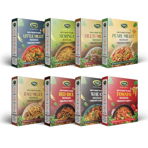Thanjai Natural Noodles Millet180g X 8 Variities (No Maida Hakka Noodles, Not Fried, No MSG, Classic and Mild 1440g) Little | Multi Millet | Pearl | Ragi Millets & Moringa Leaf | Red Rice | Wheat | Tomoto