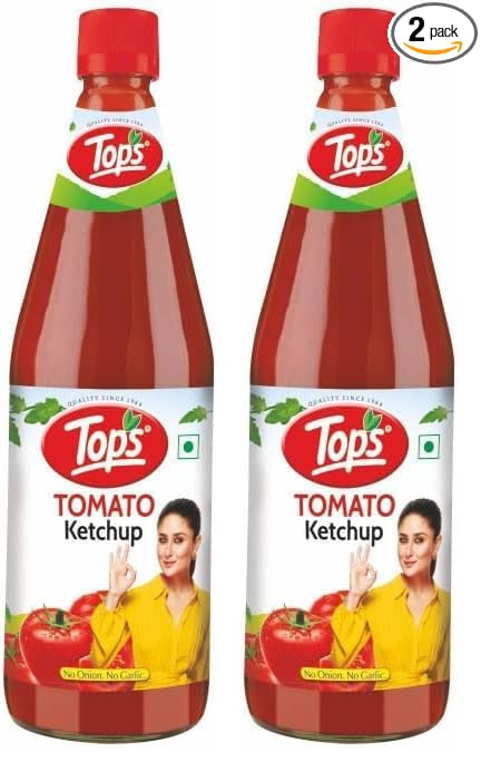 TOPS Tomato Ketchup No Onion No Garlic - 1 Kg Glass Bottle | Made with the Goodness of Juicy Hand-Picked Tomatoes | No Added Colour & Flavour (Pack of 2)