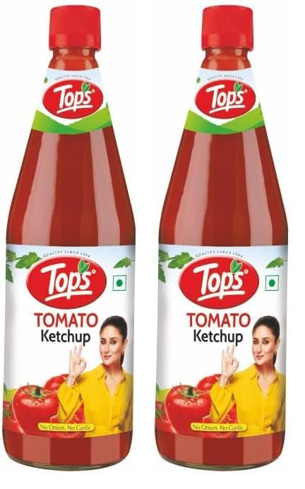 TOPS Tomato Ketchup No Onion No Garlic - 1 Kg Glass Bottle | Made with the Goodness of Juicy Hand-Picked Tomatoes | No Added Colour & Flavour (Pack of 2)