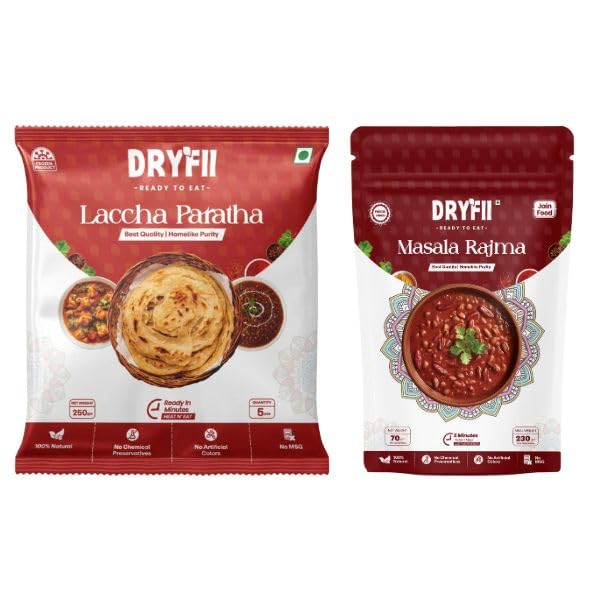 Dryfii Ready to Eat Laccha Paratha (5 Pieces, 1 Pack) & Jain Masala Rajma Combo | Freeze Dried | Classic Homestyle Meal | Pure Veg Pack