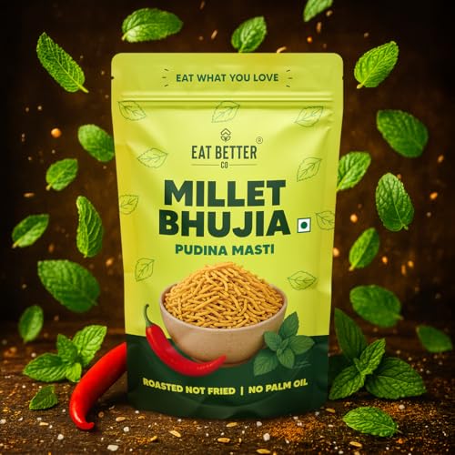 Eat Better Co - Millet Bhujia Pudina Masti Chatpata, Healthy Namkeen Snacks – Roasted, Not Fried | No Palm Oil | Healthy Replacement of Chips and Fried Namkeens (100 gram pack)