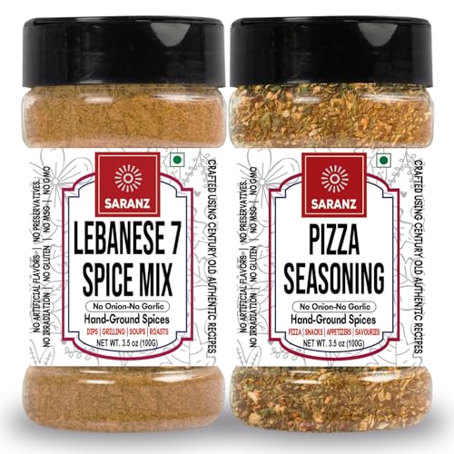 SARANZ Lebanese 7 Spice & Pizza Mix Jain Seasoning (Combo Pack) Batata Harra Masala | Perfect for Snacks, Appetizers, Main Dishes and Flavoured Vegan | Middle East Seasonings | 100 Gm Sprinkler Jar