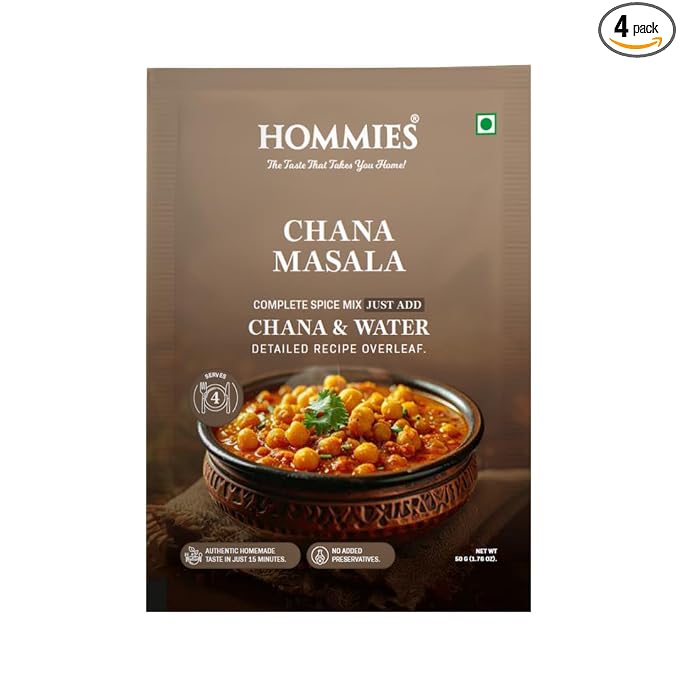 Hommies Chana Masala Spice Mix | Ready to Cook in 15 Mins | Authentic Chhole Curry Masala | Just Add Chickpeas & Water | Serves 4 | Made with Cashew Nuts | No Preservatives | Pack of 4 (200g, 50g Each)