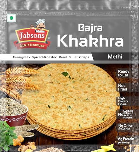 Jabsons Roasted Bajra Methi Khakhra,180 gm | No Onion No Garlic| Ready To Eat Vacuum Sealed | Crispy Bajra Methi Flatbread | Healthy Indian Tea Time Snack | Diet-Friendly Gujarati Khakhra