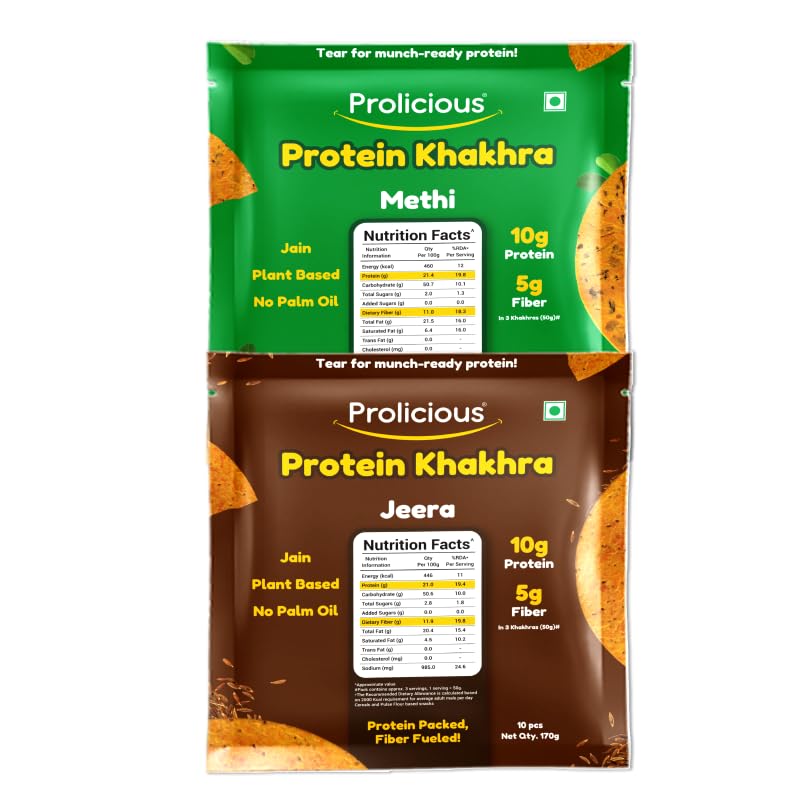 Prolicious Methi & Jeera Khakhra Combo | Crispy Roasted Healthy Snack | Traditional Indian Khakhra | High Fibre Tea-Time Snack | No Maida (Pack of 2, 170g each)