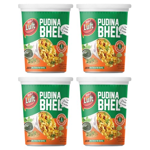 Wah!Luft Instant&Delicious Phudina Jain Bhel Puri Cup,100%Vegetarian,Masala,Crispy&Crunchy,Everyday Fresh,Healthy&Hygienic,Delicious Chaat Special Combo Pack-100G(Pack Of 4)