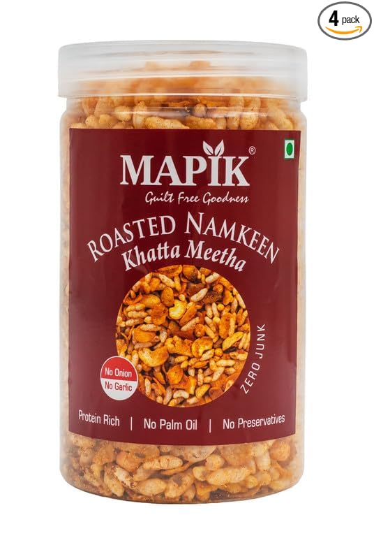 MAPIK Roasted Namkeen Khatta Meetha | No Onion No Garlic | Roasted-Not Fried | Protein Rich | No Palm Oil | No Preservatives | Healthy Tea Time Snack 540 g Pack of 4