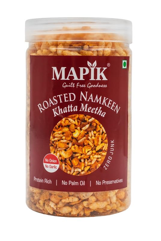 MAPIK Roasted Namkeen Khatta Meetha | No Onion No Garlic | Roasted-Not Fried | Protein Rich | No Palm Oil | No Preservatives | Healthy Tea Time Snack 540 g Pack of 4