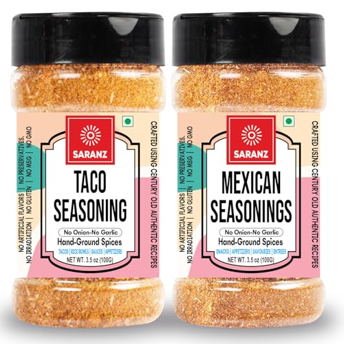 SARANZ Jain Mexican Seasoning Combo Pack | Jain Taco Mix and Mexican Mix | No Onion No Garlic | For Tacos, Burritos, Wraps, Nachos and Rice Bowls | Vegan, Gluten-Free, Dairy-Free | Set of 2 x 100g Jars