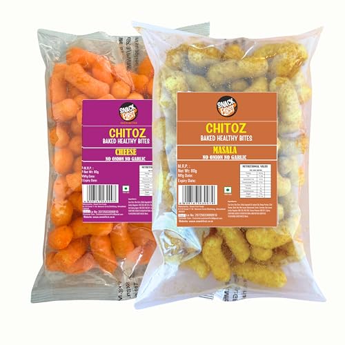 Snack First Baked Chitoz, Puff Corn, Cheese & Masala Chitoz, Pack of 2, No Onion No Garlic, Jain, Puffed Snack, Corn Puffs, Healthy Snack, Namkeen, Each 80g
