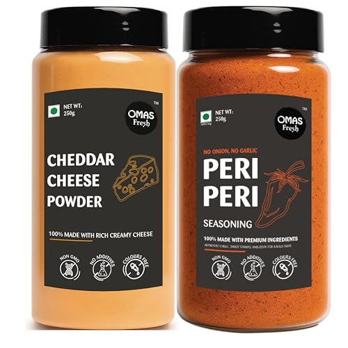 Omas Fresh No Onion No Garlic Peri Peri Seasoning & Cheddar Cheese Powder | 250g × 2 Combo Pack | Spicy & Cheesy Flavour Duo for Pasta, Snacks & Everyday Cooking