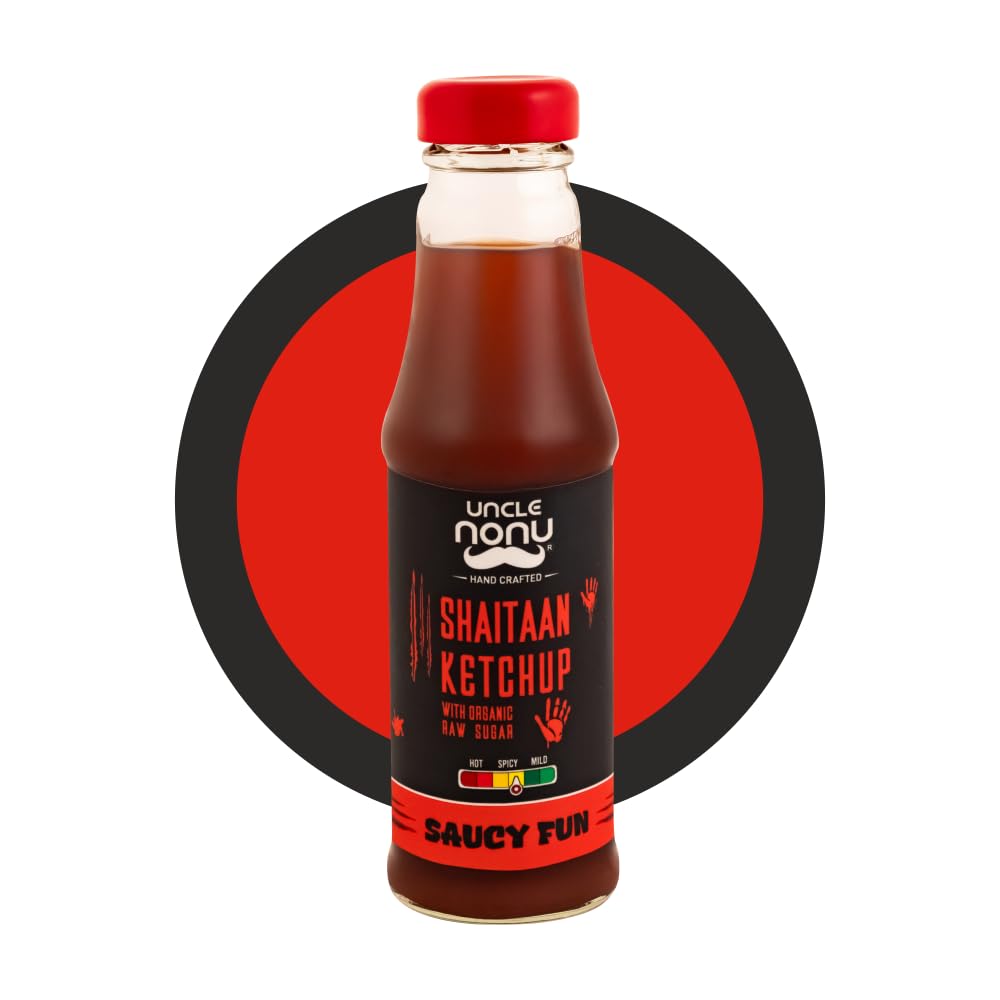 Uncle Nonu Healthy Tomato Ketchup -Shaitaan-Spicy | No Processed Sugar (uses Organic Raw Sugar) | 100% Chemical Free | No Preservatives | No MSG | All Natural Ingredients | 200gm