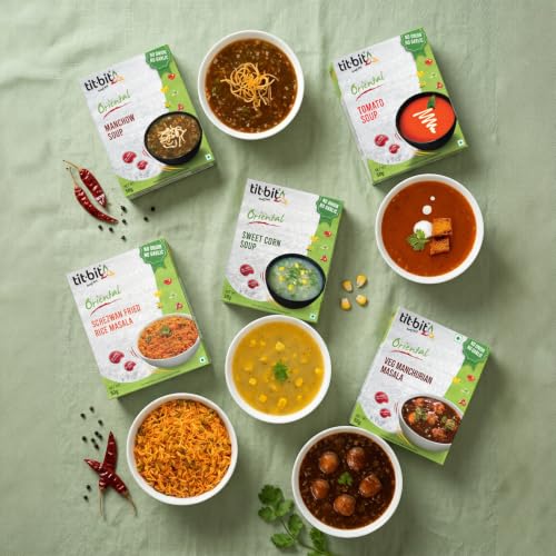Tit-Bit Oriental - No Onion No Garlic Veg Manchurian Masala, Schezwan Fried Rice Masala, Tomato, Sweet Corn & Manchow Soup - Quick & Easy to Make - Pack of 5 (250g)