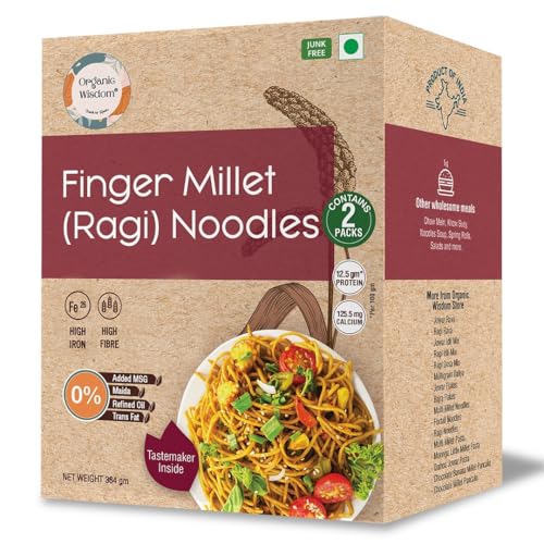 Organic Wisdom Ragi Noodles (Finger Millet) | Healthy Millet Noodles, Pack of 2 – 192g Each | No Maida, Not Fried, Sun Dried | No MSG, No Junk | High Calcium, Iron & Protein | Tastemaker Inside
