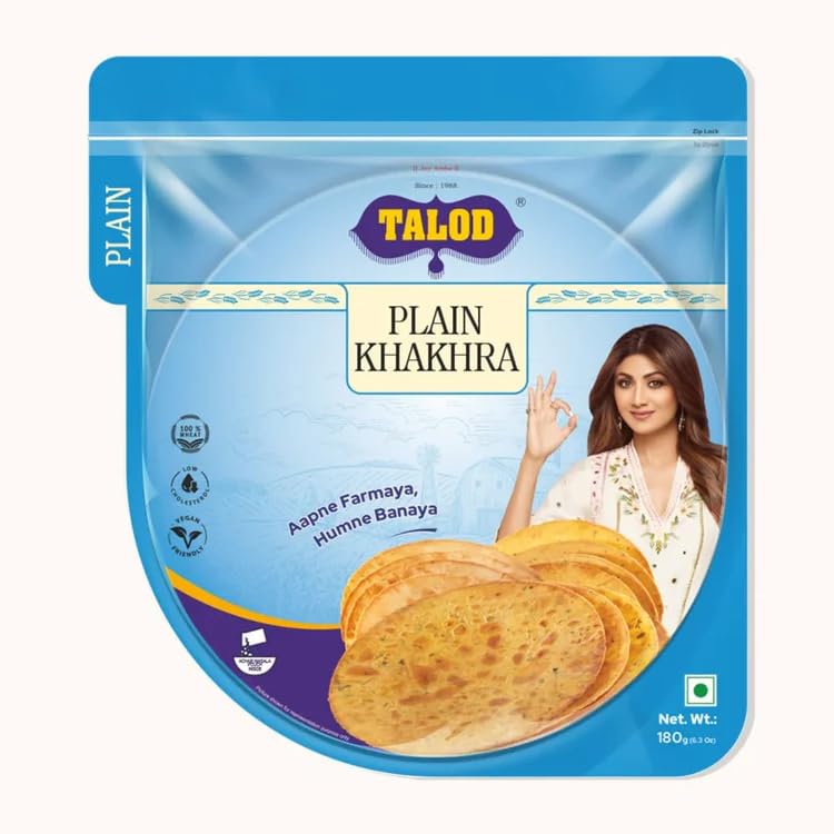 Talod Plain Khakhra, 180g X Pack of 4 | Crispy & Roasted Whole Wheat Snack | No onion No Garlic | Ready To Eat Vacuum Packed Tea Time Snack | Light & Crunchy | Healthy Low Oil Gujarati Munchies
