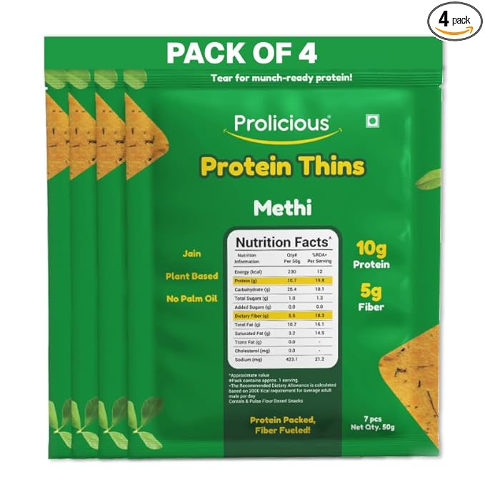 Prolicious Thins Methi High Protein Chips | Upgrade Your Snacking | 10g Protein + 5g Fibre | Same Crunch, Snack Smarter | Plant Based, Jain | No Palm Oil | 50g, Pack of 4