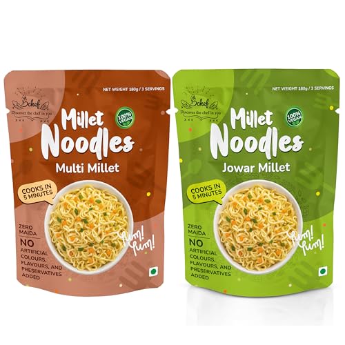 Bchef Jowar and Multi Millet Noodles | Zero Maida, No Artificial Colours, No Flavours & Preservative Added | 100% Vegan Noodles | Healthy Nutritional Food, (Combo Pack of 2,180g each)