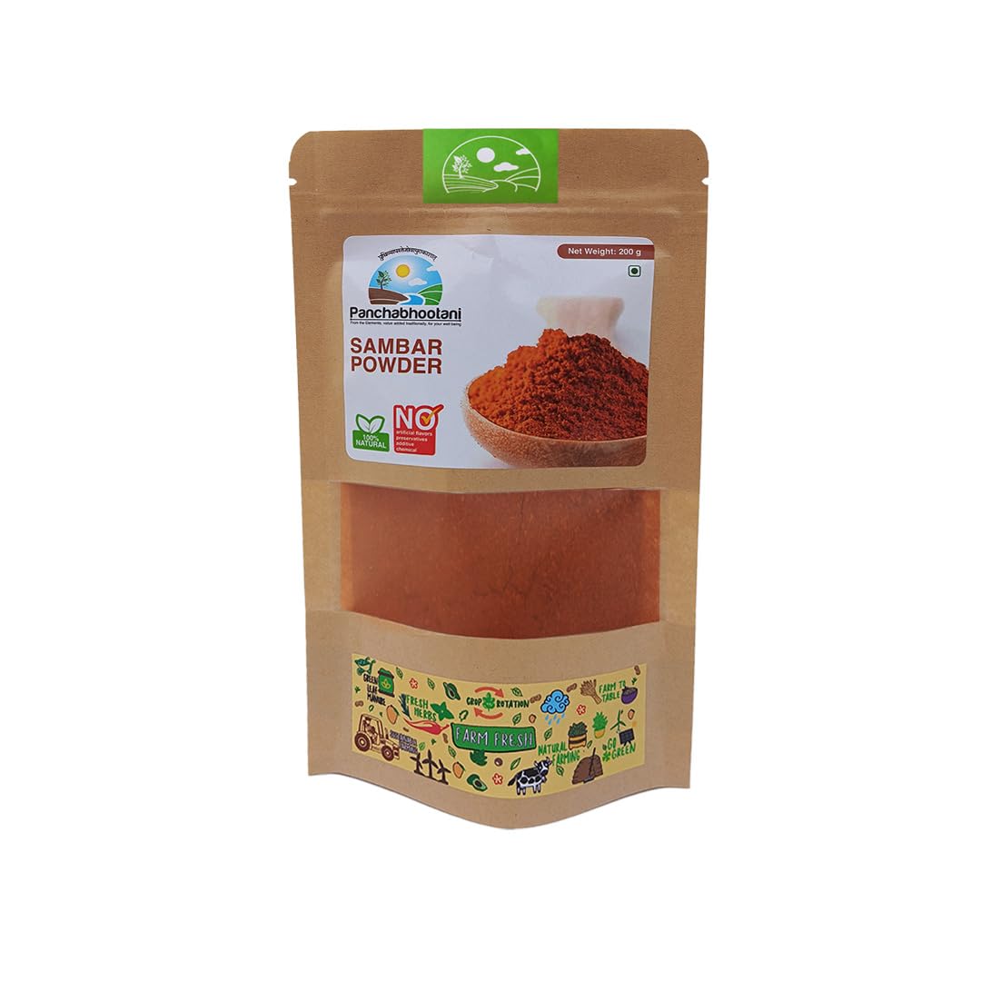 Panchabhootani Sambar Powder 200g : South Indian Authentic Flavour,Easy Digestion - Vegan, No Garlic, No Onion,Delicious Sambar At Home, No Preservatives