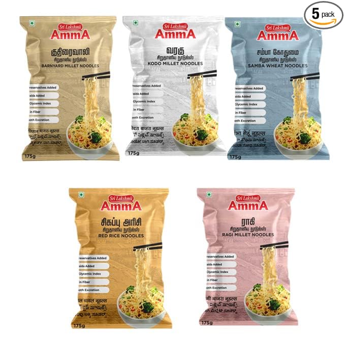 Sri Lakshmi Amma Millet Noodles | (Barnyard, Samba Wheat, Red Rice, Ragi, Proso) | (175 Grams) | Pack of V | Healthy Noodles
