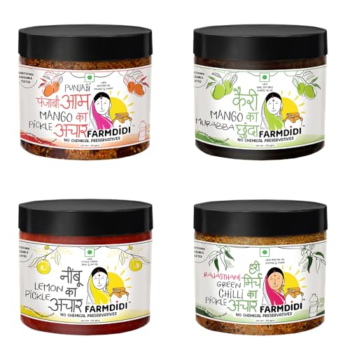 FarmDidi Jain-Friendly Pickle Combo – Pack of 4 x 325g | Punjabi Mango, Mango Chunda, Crushed Lemon & Rajasthani Green Chilli Pickles | No Onion & Garlic | Homemade | Less Oil | Preservative-Free