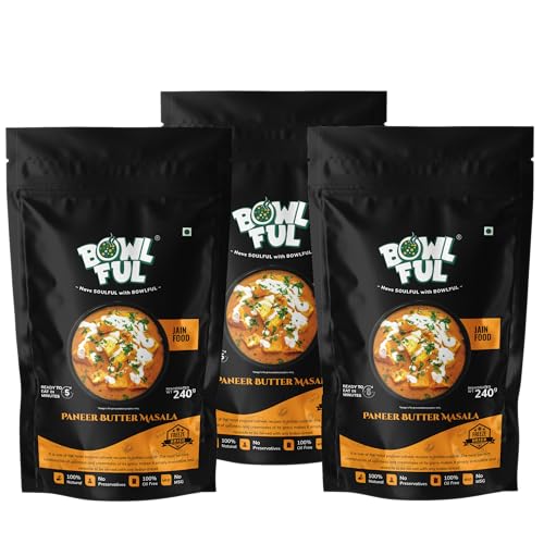 BowlFul Pack of 3 Jain Paneer Butter Masala, 75 gms, Creamy Red Gravy With Cottage Cheese and No Onion or Garlic. 100% Natural, Freeze Dried Food