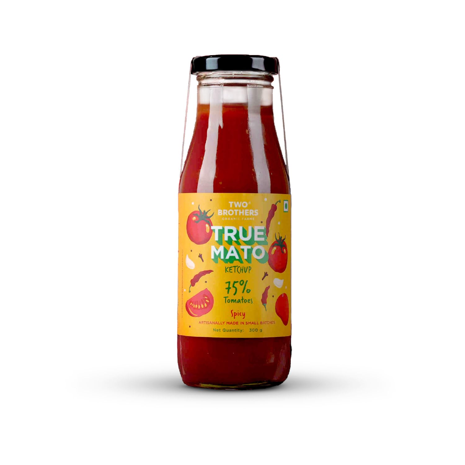 Two Brothers Organic Farms Truemato Ketchup - Spicy Tomato Ketchup 300g | Naturally Made with 75% Fresh Tomatoes | No Refined Sugar | Upgraded