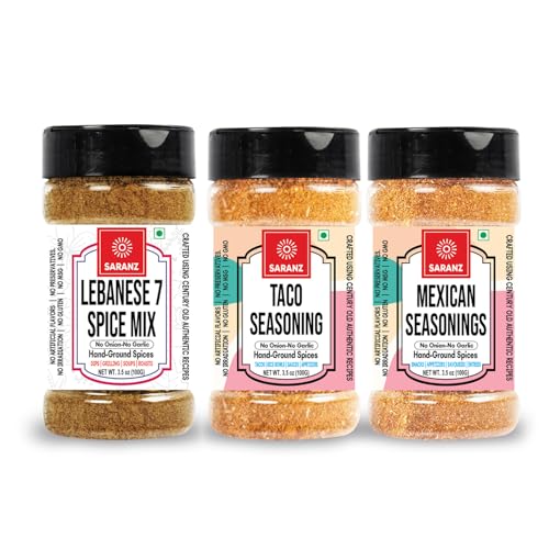 SARANZ Taco Mix JainExotic, Lebanese 7 Spice Mix Jain & Mexican Mix Jain Seasoning ( Combo Pack Of 3 ) Perfect for Snacks, Appetizers, Tacos, Savouries, Entrees, Main Dishes Aromatic and Flavoured Vegan, Dairy Free | Mexican Seasoning | 100 Grams Sprinkler Jar