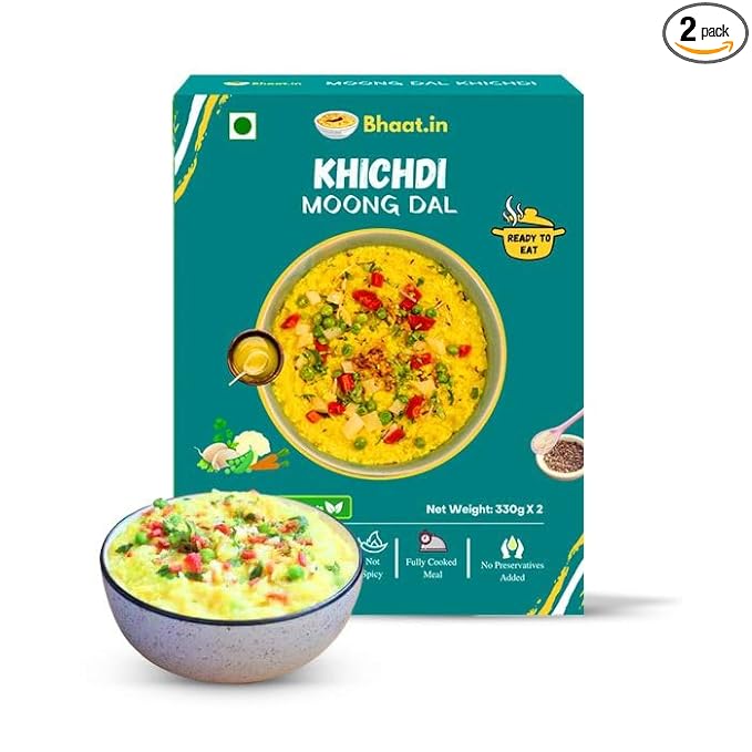 Bhaat.in Moong Dal Khichdi | Pack of 2 | Ready-to-Eat Meal | High Protein & Fiber | Light on Stomach | Non-Spicy & Gluten-Free | No Preservatives | Travel & Office-Friendly Indian Meal